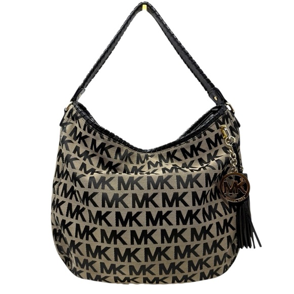 Michael Kors Handbags - Michael Kors MK Logo Jacquard Hobo Shoulder Bag Black Tan Tassel Charm